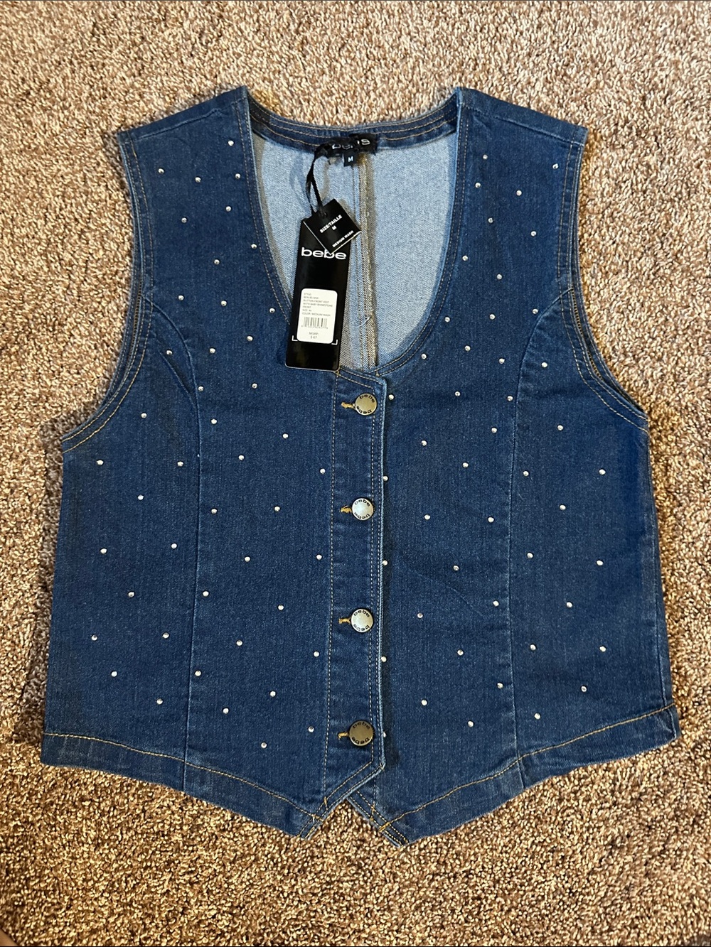 bebe Dark Blue Denim Studded Button-Front Vest